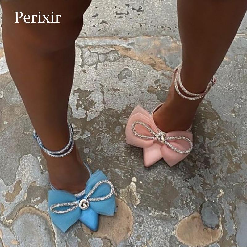 

Sandals Perixir Ladies Summer Crystal Heel Square Toe Satin Bowknot Flower Shallow Buckle Strap Rhinestones Chain With Pumps, Pink