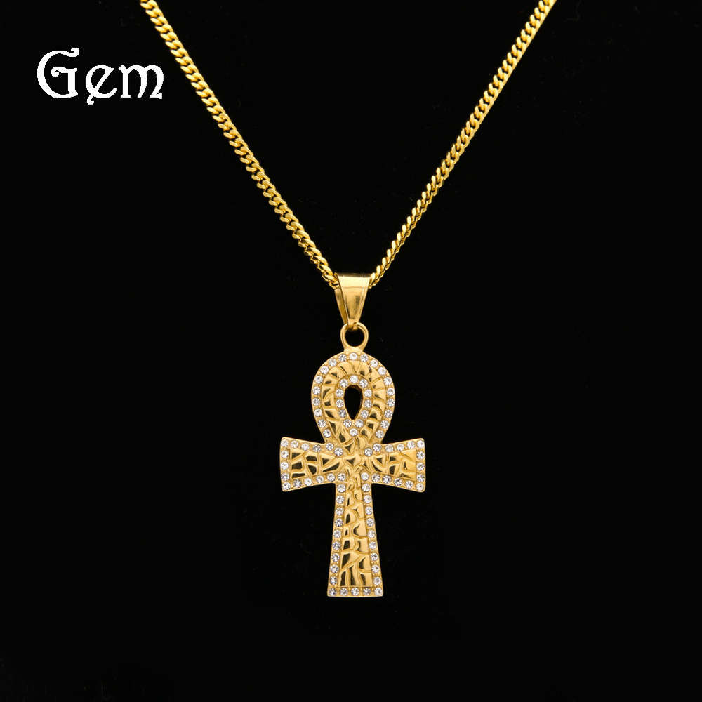 

Hip hop jewelry litchi pattern Anhe key gold plated diamond titanium steel human cross eternal life key pendant
