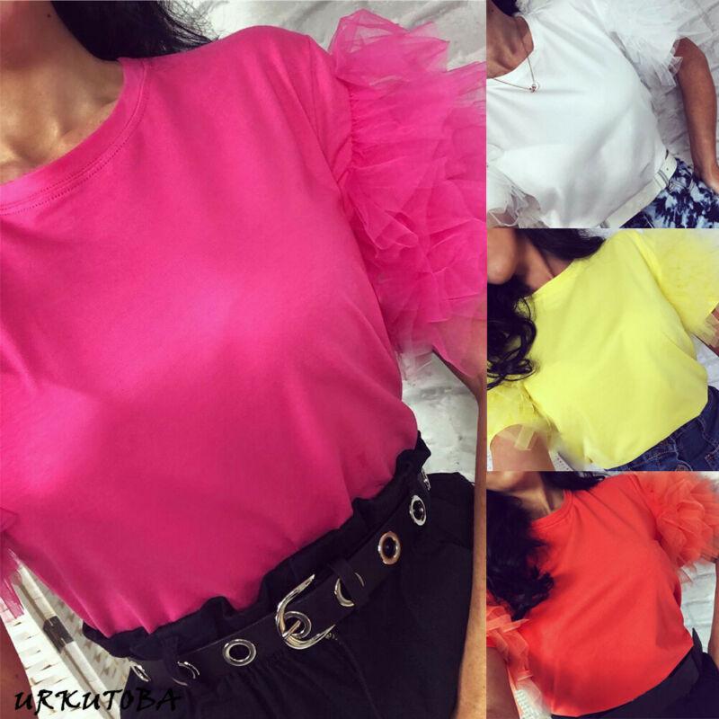 

Women's T-Shirt Fashion Casual Solid Womens Ladies Tulle Crew Neck Frill Mesh Puff Short Sleeve Party T Shirt Summer High Street Pullover Te, White