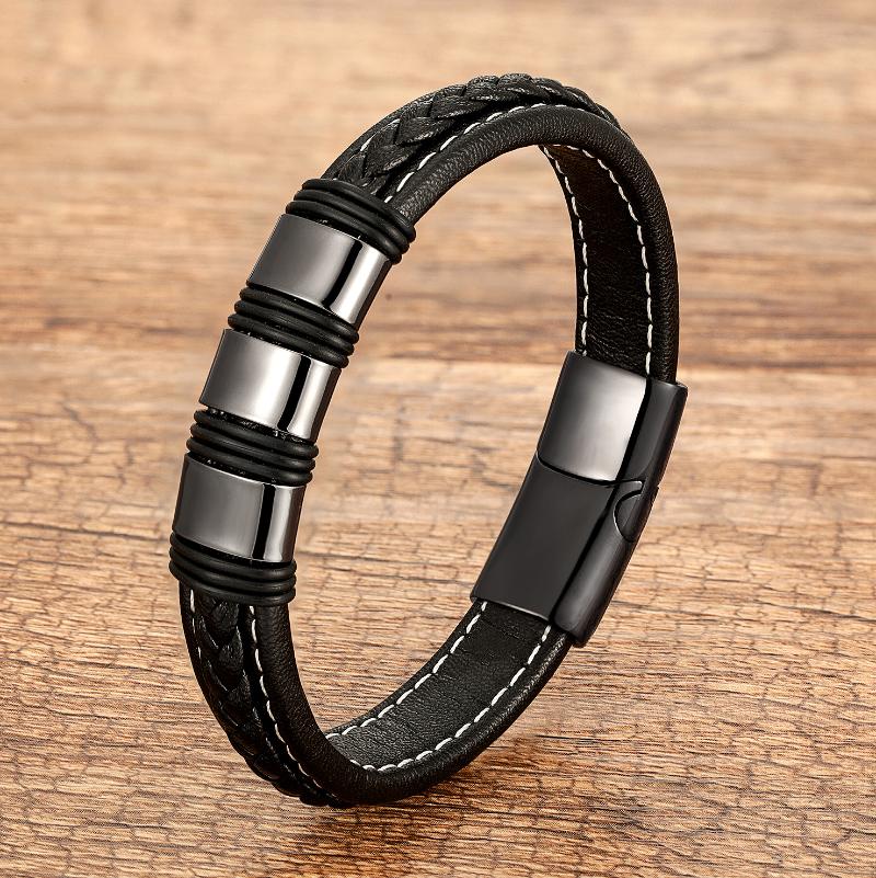 

Braided Leather Rope Chain Gold Metal Men's Bracelets Charm Stainless Steel Magnetic Clasp For Bracelet Homme Jewelry Gift