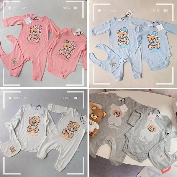 

Infant Newborn Baby Girl Boy rompers Spring Autumn Luxury Designer Clothes Sets Long Sleeve Bodysuits+Romper+Bib 3PCs Outfits Gift, Pink