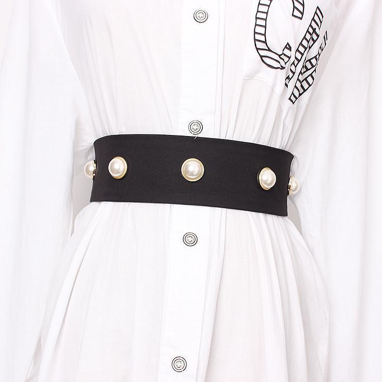 

Belts Women's Runway Fashion Pearl Beaded Fabric Cummerbunds Female Dress Corsets Waistband Decoration Wide Belt TB1418, Black;brown