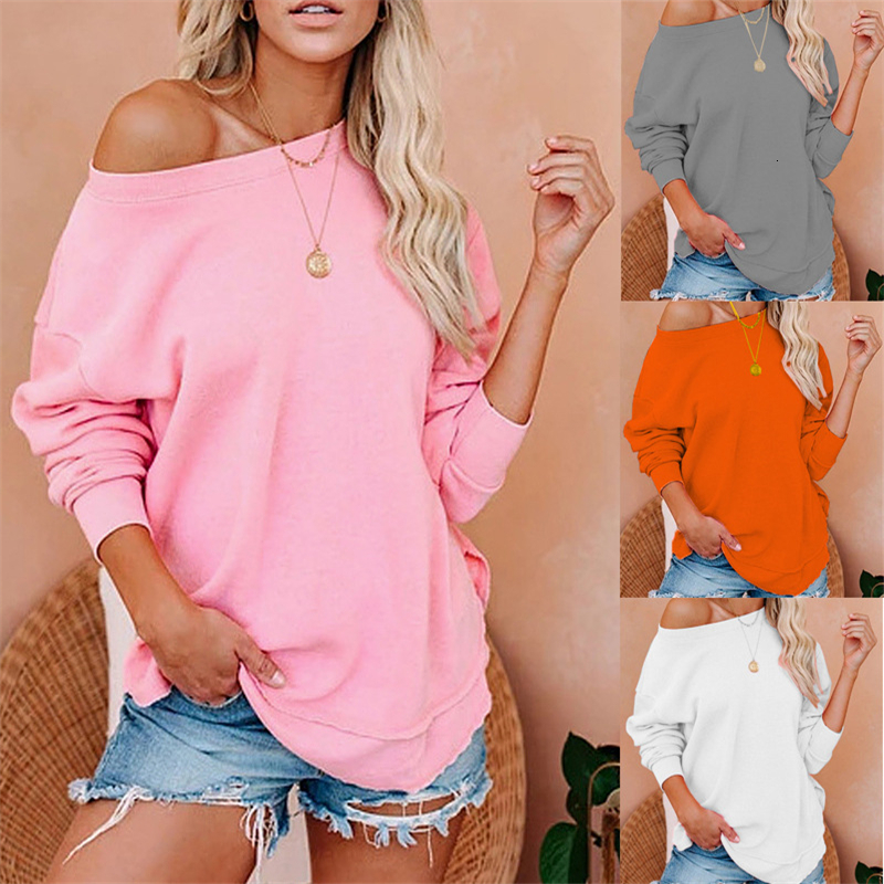 

2021 New Outono Sweatshirt 9 Cores Mulheres Sexy Um Ombro Sweatshirts Casual Slido Manga Longa Solta Moletom Pullovers Topos 3xl Kffm, Black