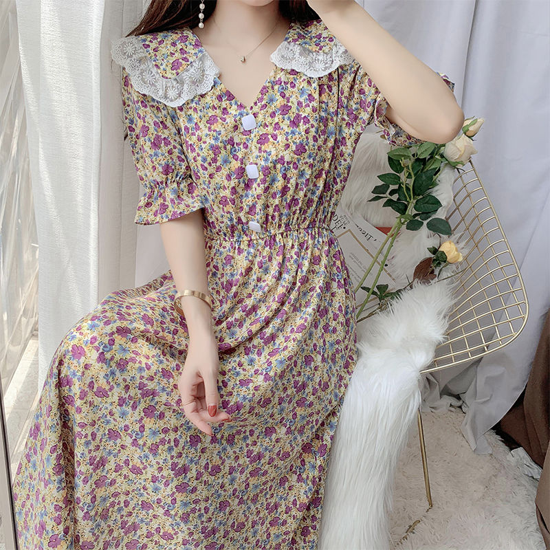 

Women Chiffon Dress Summer New Korean Short Sleeve Floral Midi Dress V-Neck Bohemia Beach Dress Casual Lace Vestidos Feminina, Black;gray