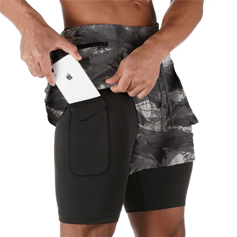 

2021 New Double Layer Jogger Men 2 in 1 Short Pants Gyms Fitness Built-in Pocket Quick Dry Beach Shorts Male Sweatpants Tqcp, Gray camouflage
