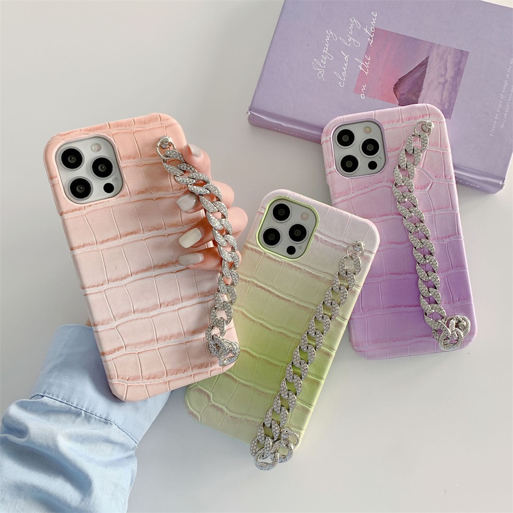 

Cell Phone Cases Ladies Fashion Gradient Crocodile Pattern Cuban Wrist Chain Hard Shell Protective Cover for iPhone12pro, #3