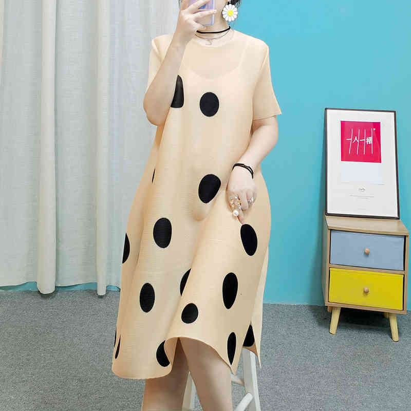 

Casual Dresses Gvuw feminino verão e outono dot print novos vestidos de alta qualidade issey plissado midi multicolorido manga curta cetim kb7137 RG43, 1# shoe box