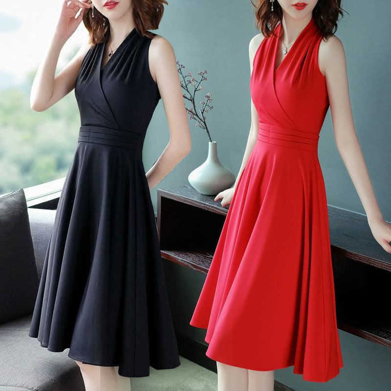 

The Hepburn style little black V-neck was thin and temperament in the long section hanging neck dress female summer 210603, Red