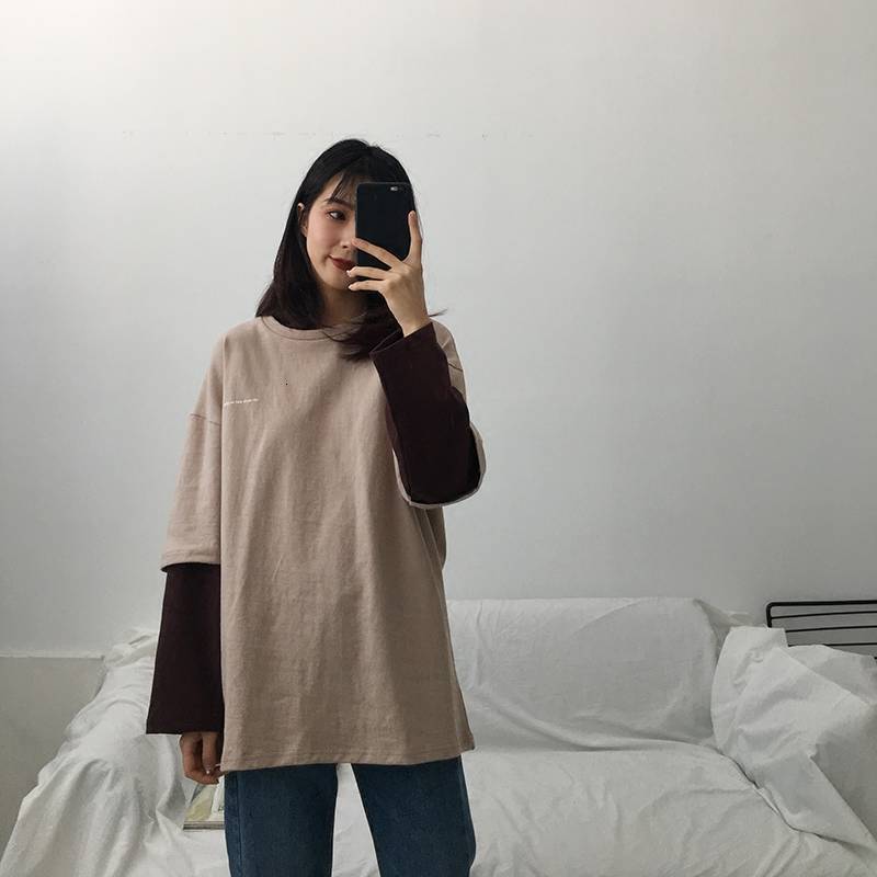

2021 New Mulheres Coreano Moda Oversized Manga Comprida Camiseta Hip Hop Do Streetwear Meninas Falso Duas Peas t Tops Legal Tshirt Ocf6