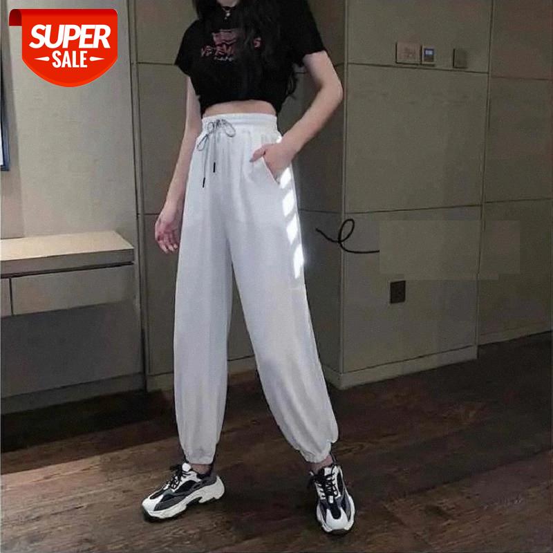 

pants women summer 2020 new reflective jumping thin style fresh drop high waist harem beamed student pants female Ins tide #S48R, Black;white