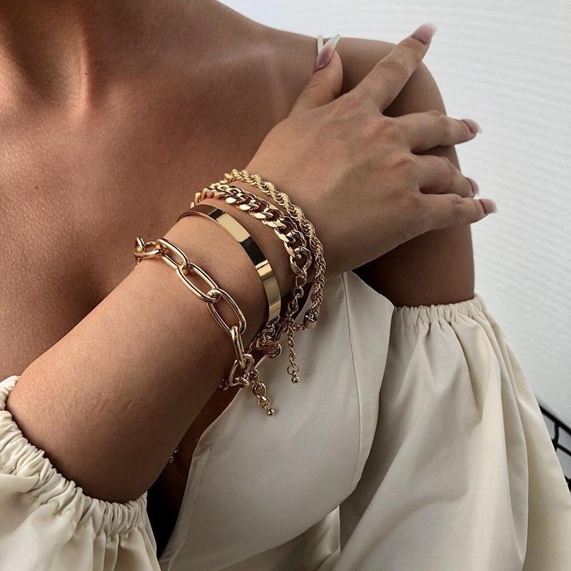 

Bangle 4 Pcs CUBAN CHAIN Punk Bracelet Set Women Bohemian Thick Gold Charm Fashion Jewelry