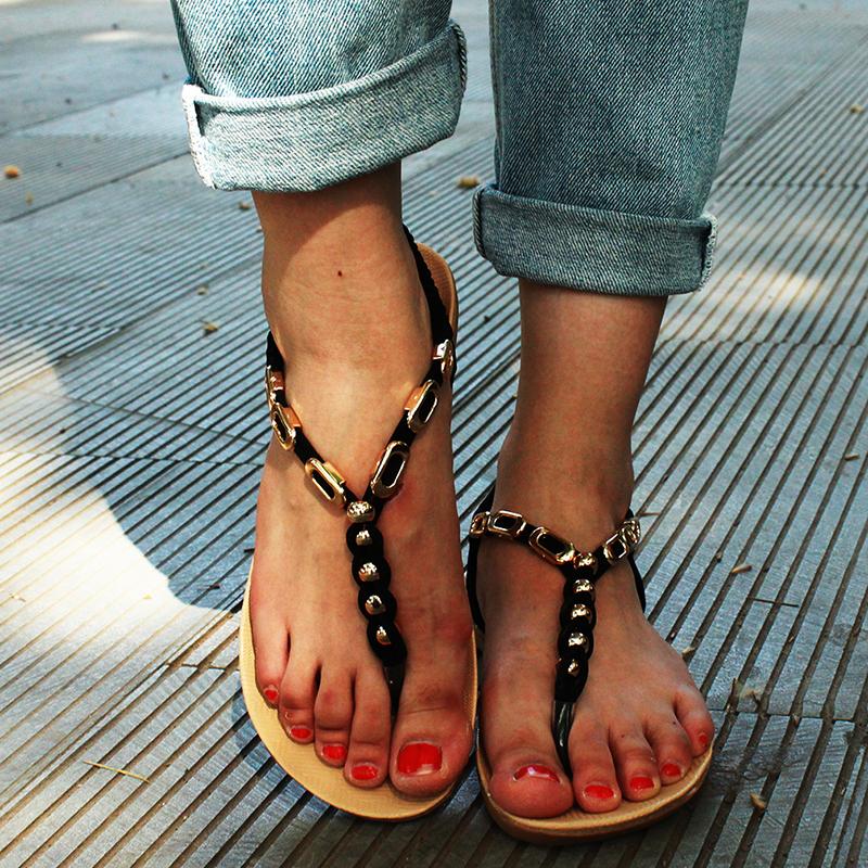 

Summer New Bohemian Sandals Flat With Flat Women'S Shoes Gold Beaded Toe Women'S Sandals High Quality Hot Ladies, Black