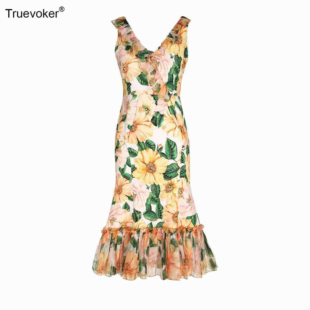 

Truevoker Summer Runway Fashion Mermaid Dress Lady Sleeveless V-neck Yellow Floral Print Trumpet Vestidos Femme Midi Robe 210602