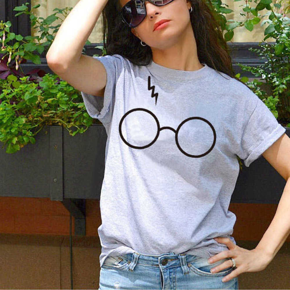 

2021 fashion Round neck short sleeve Harry Potter glasses printed cartoon loose T-shirt for women, White