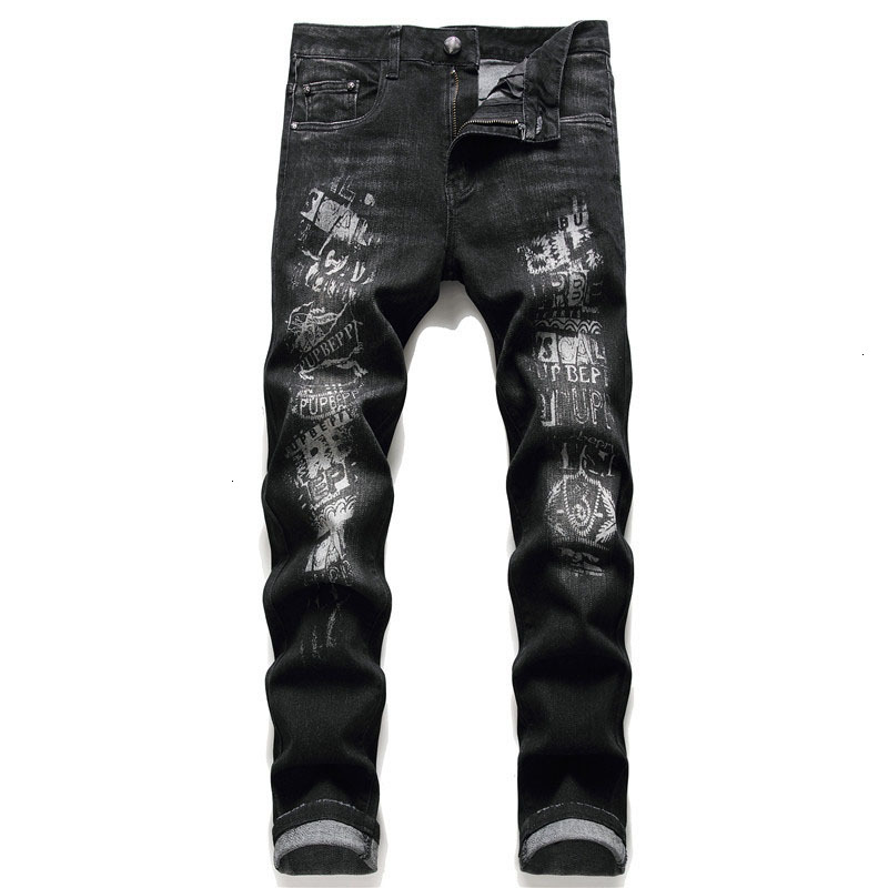 

New Men's Male Trousers Design Small Straight Jeans Letter Black Slim Trendy Denim Pants 3010 4TR5