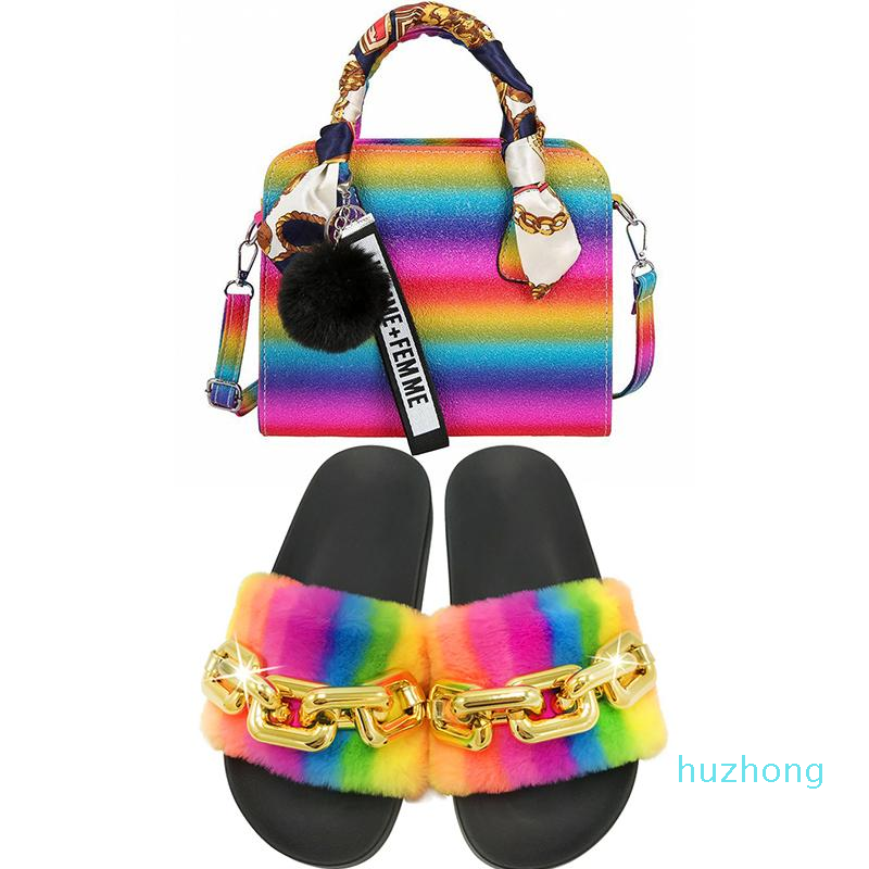

Slippers Rainbow Chain Faux Fur Purse Set Fluffy Sandals Slides And Handbag Fashion Shoes Zapatillas De Mujer, Black
