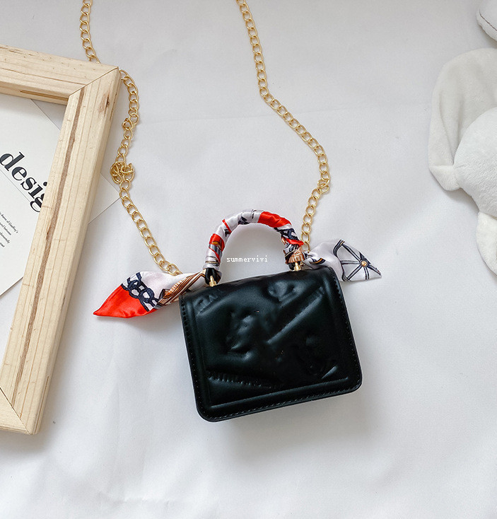 

Girls Silk scarves chain handbag kids Metal buckles bag children letter embossing one shoulder bag Lady Mini purese Messenger bag A5852, Black