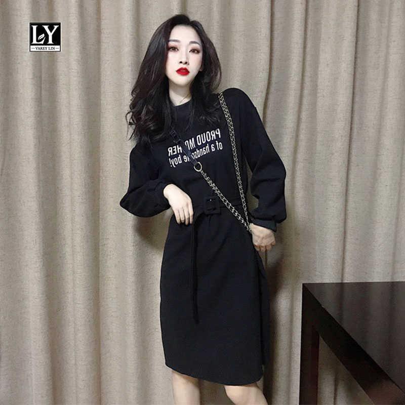 

LY VAREY LIN Autumn Winter Women Plus Size Dress Long Sleeve Pullover with Belt Black Letter Print Ladies Dresses 210526