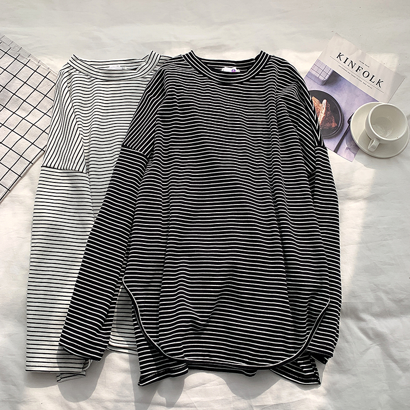 

2021 Spring O-neck Split Hem Striped Women's Fashions Shirts Cotton t Shirt Ladies'clothing Thin Fashion Tops L0cy, Black