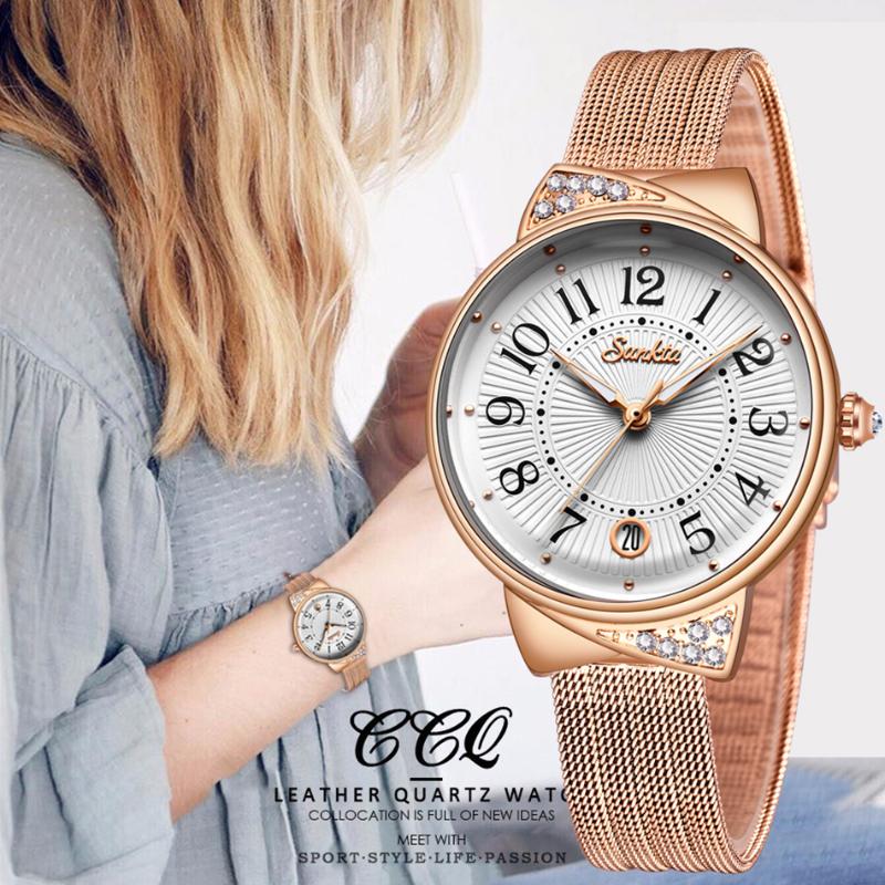 

Wristwatches SUNKTA Women Watch Top Casual Fashion Ladies Mesh Waterproof Quartz Wristwatch + Gift Bracelet, Pink