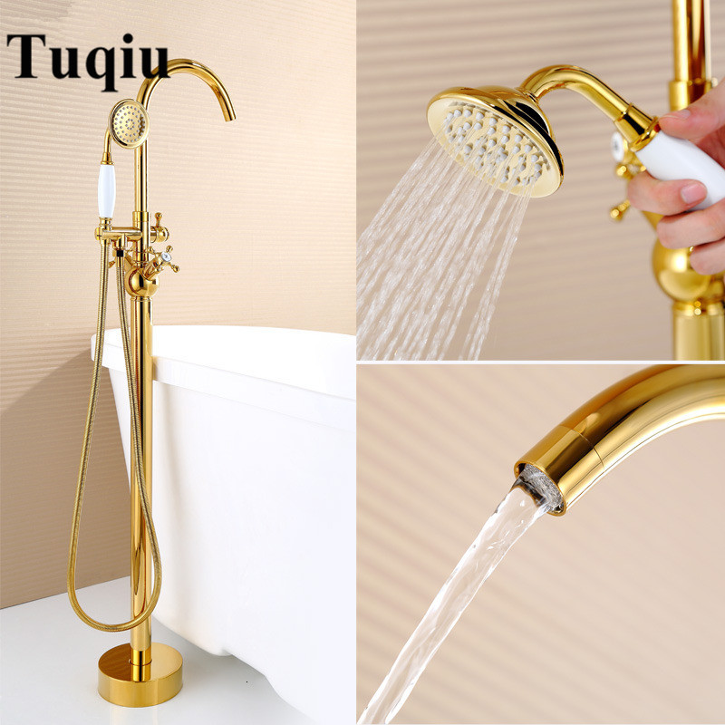 

2021 New Modern Free Standing Faucet Tub Filler Fashion Gold Brass Floor Mount with Hand Shower Bathtub Mixer Taps Hwnn