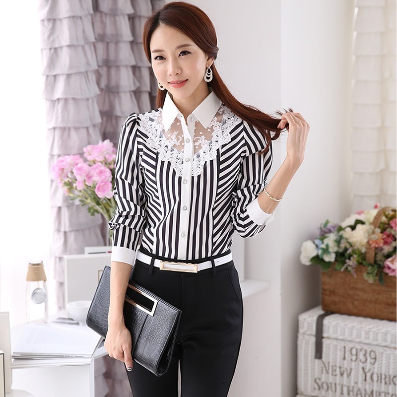 

2021 New Spring Autumn Women Blouse Long Sleeve Lace Tops Striped Turn-down Collar Blouses Official Female Formal Shirt Patchwork Rdz5, Picture