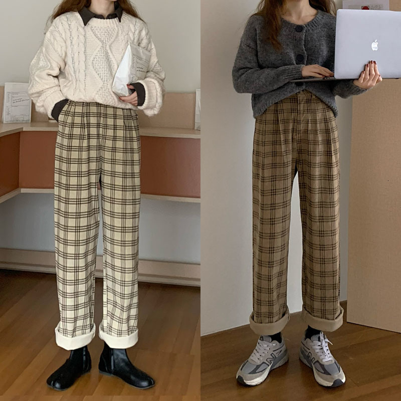 

women's pants & capris autumn chess women's broad-legged korean baggies velvet pants vintage high waist straight streetwear 5r0a, Black;white