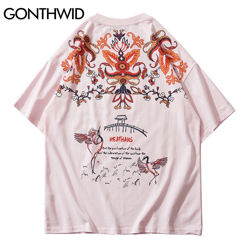 

Tees Tops Hip Hop Casual Men Streetwear Japanese Crane Flowers Print Short Sleeve T-Shirts Cotton Harajuku Tshirts Male 210602, Black
