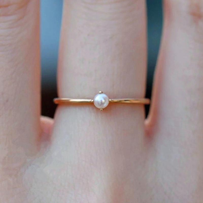 

Wedding Rings Fashion Luxury Women Mini Simulated Pearl Ring Small Thin Gold Color Crown For Slim Anillos Mujer