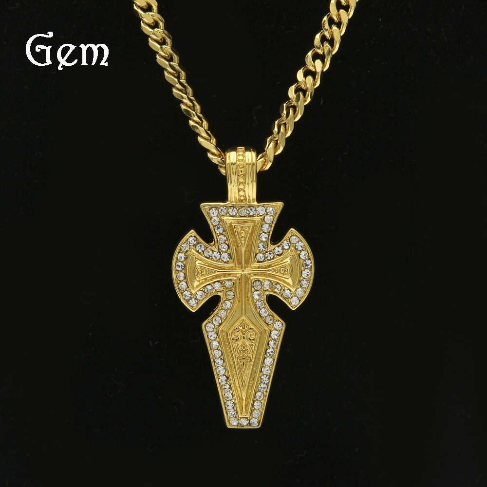 

New hip hop jewelry Gold Plated Diamond Cross cool sword Anchor Pendant hip hop Necklace