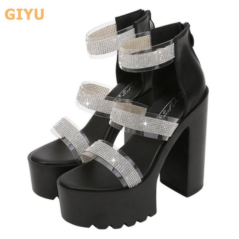 

Sandals 14.5CM High Heel Women 2021 Sexy Catwalk Shoes Waterproof Platform Transparent Rhinestone Girl Dance Performance, Black
