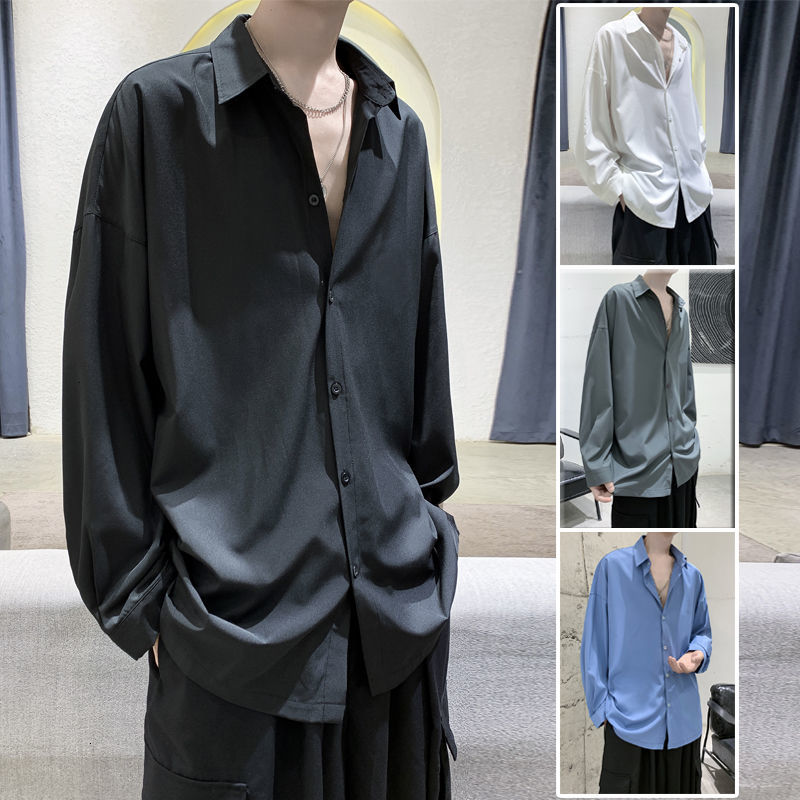 

2021 New Men's Casual Long Sleeve Hawaiian Loose Solid Color Shirt French Cuff Mens Fashion Trend Clothes Shirts Size M-2xl 8zt6, Gray