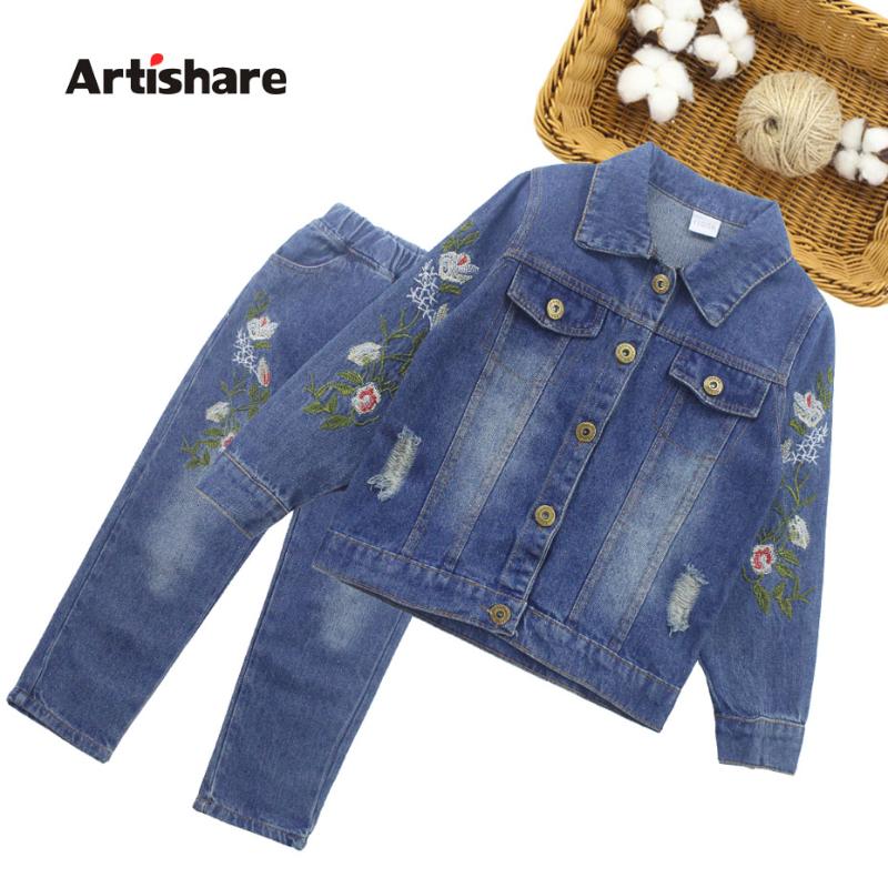

Girls Clothes Sets Flower Embroidery Denim Jacket + Jeans 2pcs For Kids Girl Full Sleeve Kids Autumn Clothes 6 8 10 12 14 Year, As picutre