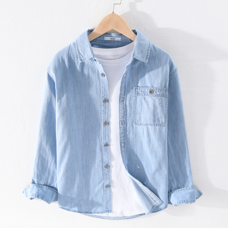 

2021 New Pure Cotton Long-sleeved Denim Brand Fashion Casual Comfortable Shirts for Men Loose Solid Blue Shirt Mens Chemise Illb