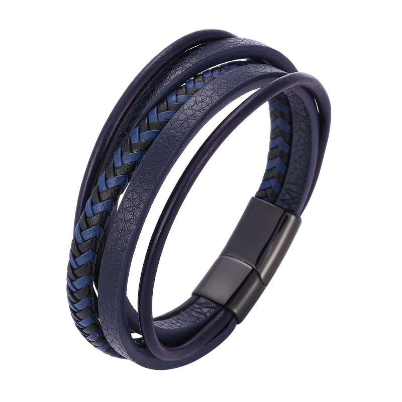 

America and Europe Popular Multilayer Blue Leather Cuff Magnetic Buckle Bracelets for Men and Women