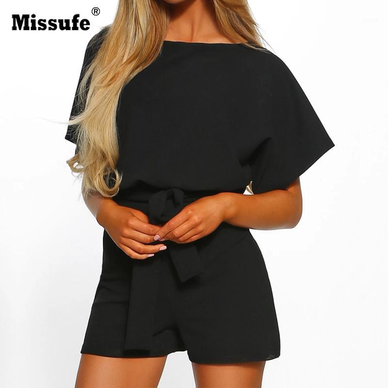 

Missufe Loose Casual Rompers Streetwear Summer Overalls For Women Bandage With Belt Short Sleeve Playsuit Solid Tunic Pocket, Black;white