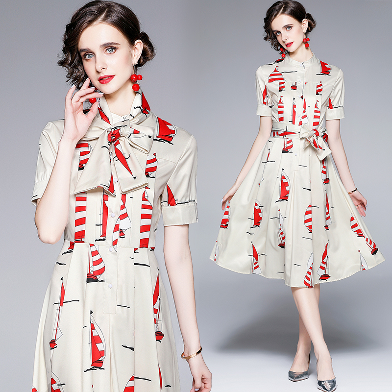 

2021 Ribbon Bow Runway Printed Midi Dress Women Designer Vintage Mock Neck Slim Short Sleeve A-Line Trumpet Dresses Summer Autumn Street Sty, Black;gray