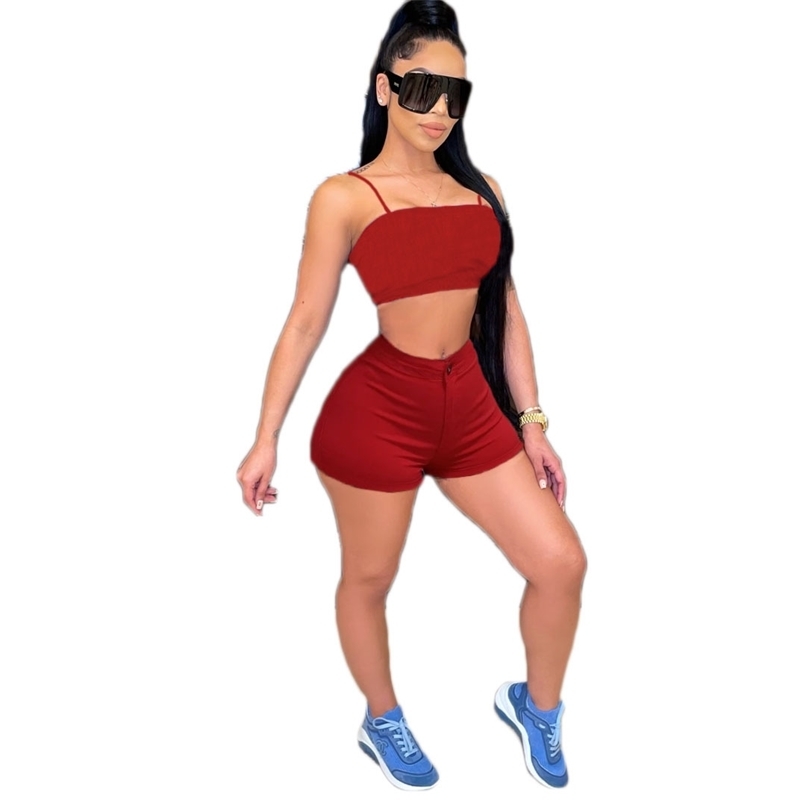

Workout Active Wear Two Piece Sets Womens Outfits Summer Sleeveless 90s T Shirts + Biker Shorts Streetwear Gym Clothing 210525, Red