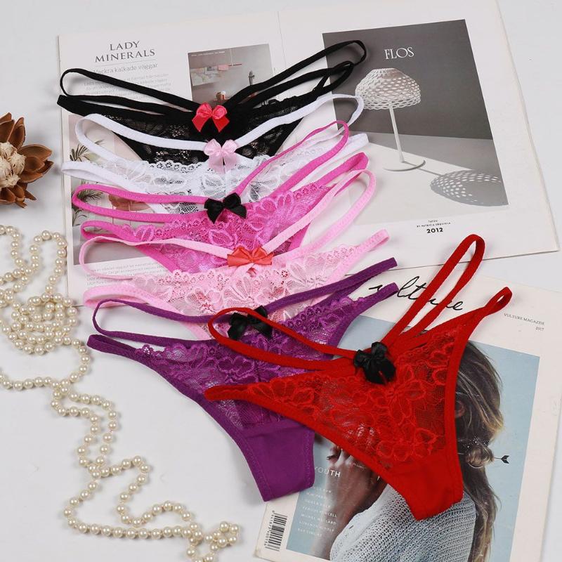 

Women's Panties Sexy G-String Transparent Hollowed Out Bow Embroidery Flower Underwear Women Lace Thongs Korean Briefs, Black