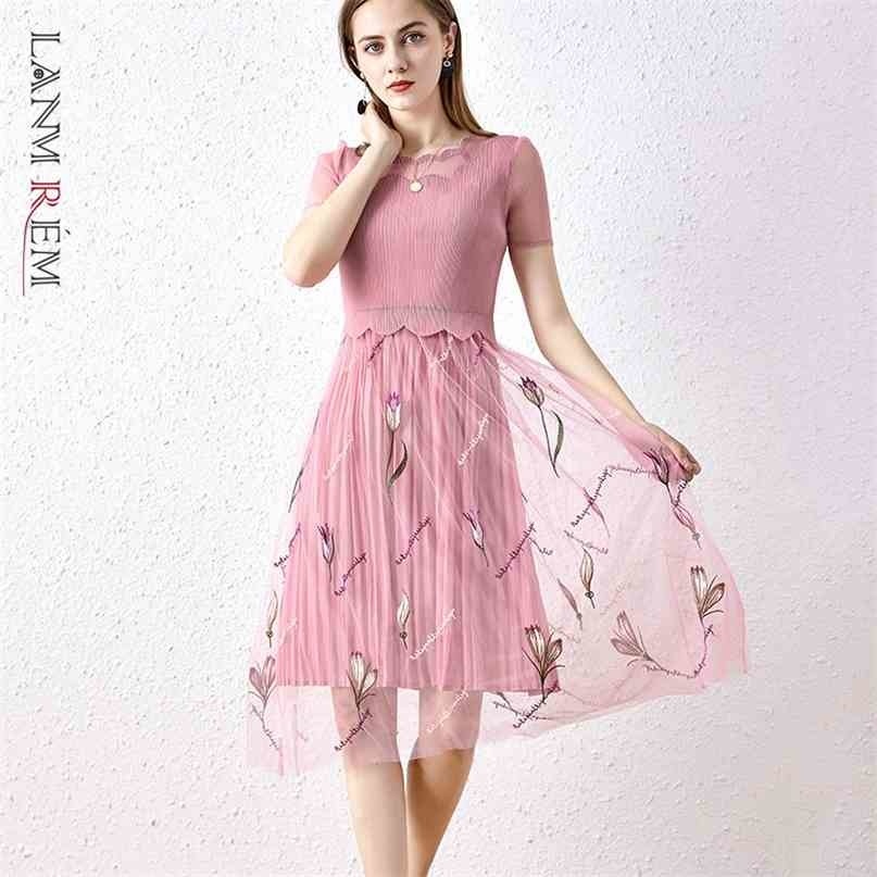 

Short Sleeve Mesh Pink Dress For Women Summer Lotus Leaf Gauze Fold Embroidery Lady Printing Dresses 2D3940 210526