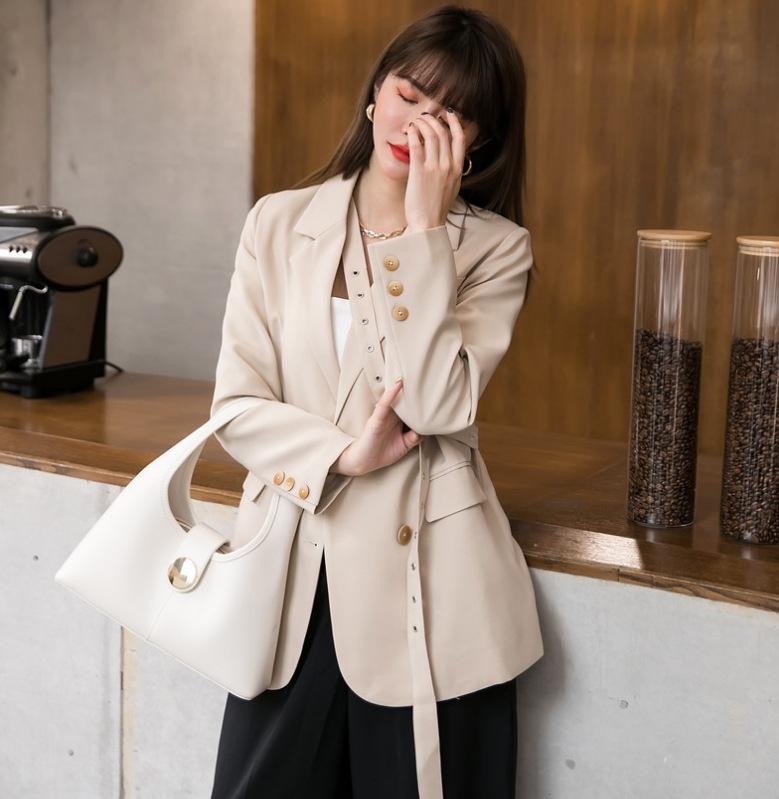 

Women' Suits & Blazers Fried Street Small Suit Coat Female Spring And Autumn Design Sense Of Personality Strap Loose Blue Tide