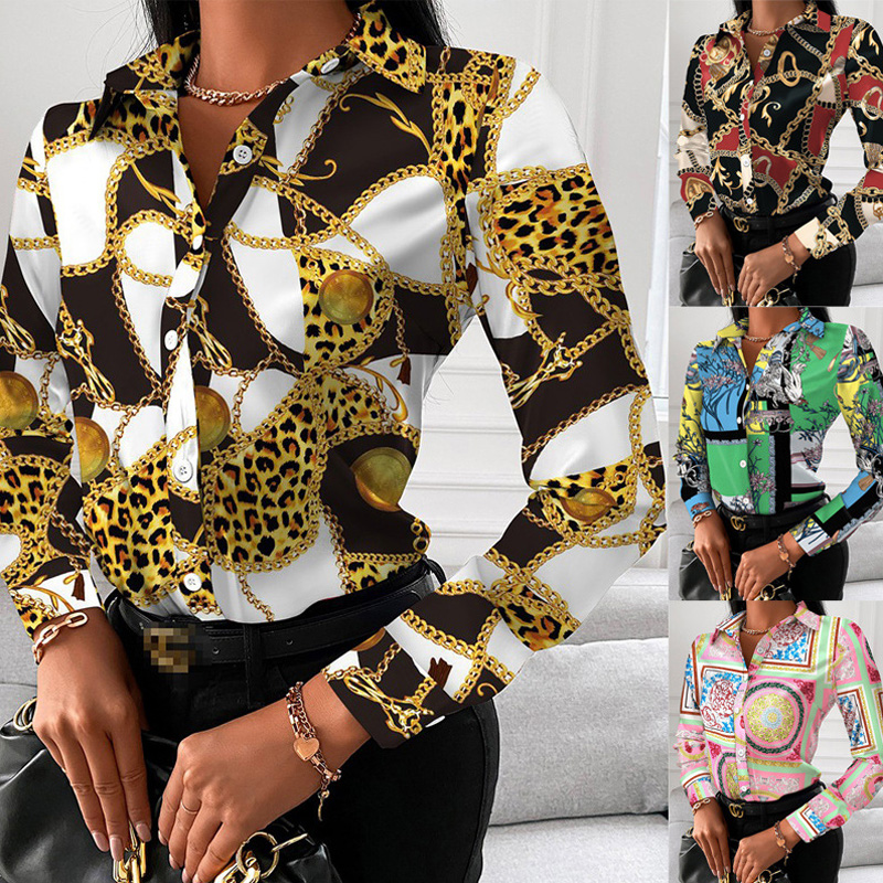 

Fashion Turn-down Collar Elegant Women Blouse Casual Button Long Sleeve Autumn Tops Blusas Lady Chain Leopard Print Office Shirt, Yellow