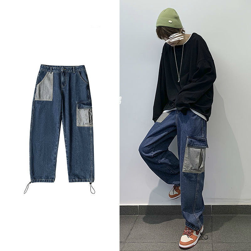 

New 2021 Men's Baggy Homme Cargo Pocket Casual Pants Fashion Trend Blue/black Color Wash Jeans Biker Denim Loose Trousers Size M-2xl 3stj