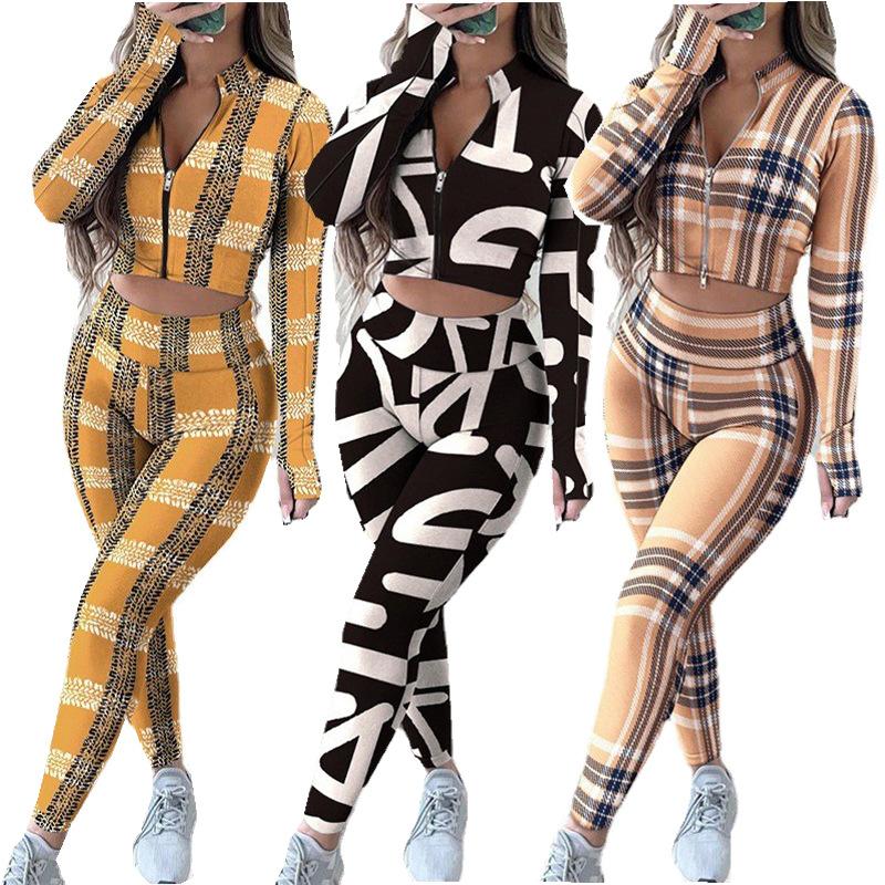 

Women' Two Piece Pants 2 Set Stand Collar Long Sleeve Crop Top + High Waist Trousers Women Tracksuit Zipper Autumn Streetwear