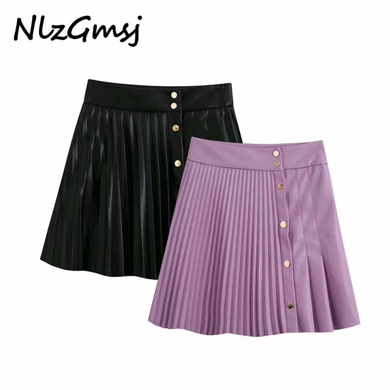 

Women Chic Fashion Pleated Faux Leather Mini Skirt Vintage High Waist Snap Button Female Skirts Mujer 210628, As picture