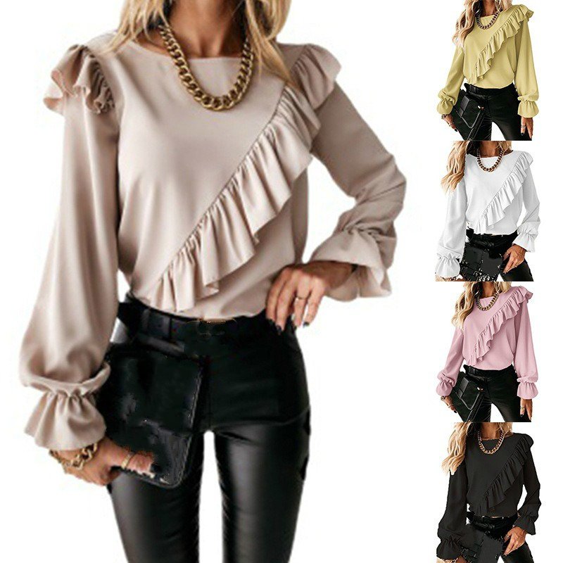 

2021 New Blouse Shirts Clothing Womens Clothes Casual Ruffles Solid Fashion Elegant Ropa Mujer Vetement Femme Tops Full Roupas Dqiw, Apricot
