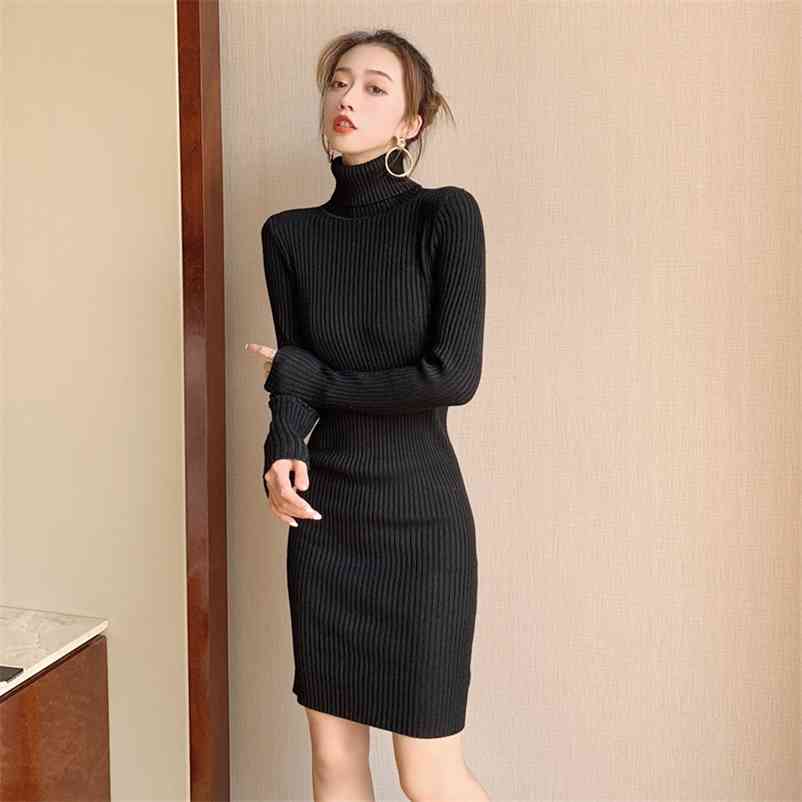 

autumn and winter high-neck slim-fit base temperament bag hip knitted dress knitting Cotton Office Lady Sheath 210603, Beige