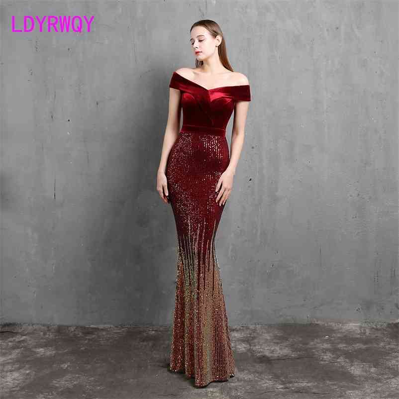 

One shoulder fishtail feminine velvet dress Office Lady Polyester Zippers Solid Short Floor-Length 210603, Green