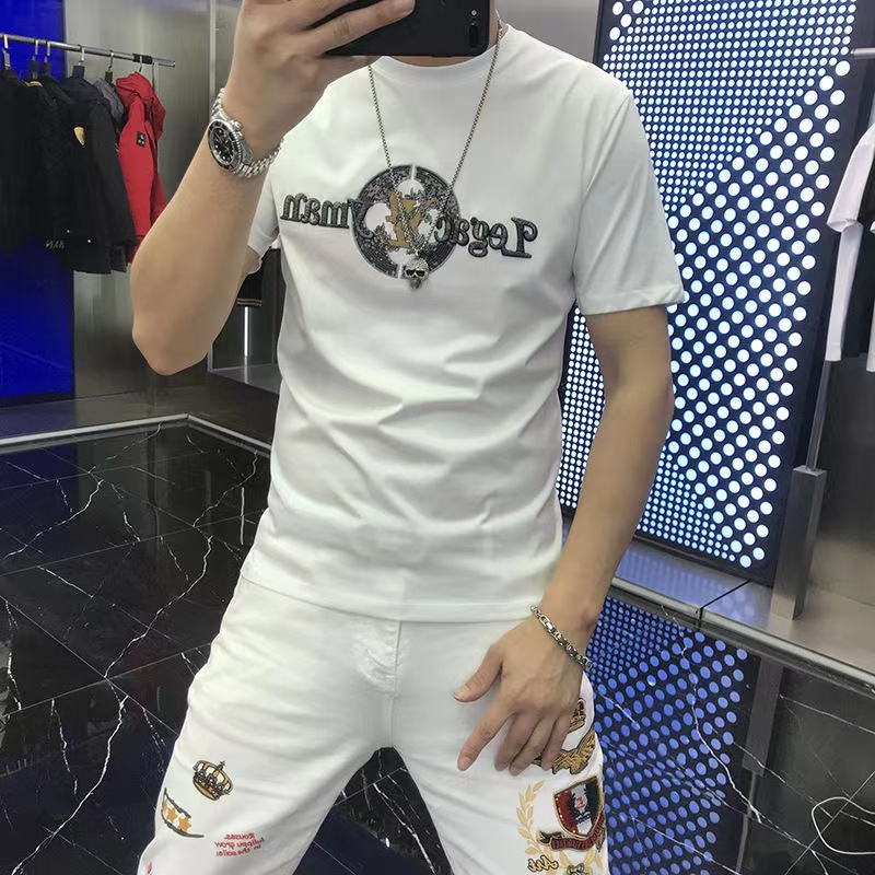 Men's T-Shirt Embroidery Trend Top Thin Breathable Mercerized Cotton Short Sleeve Tees 2022 New Modern Stylish Ice Silk clothes Black White