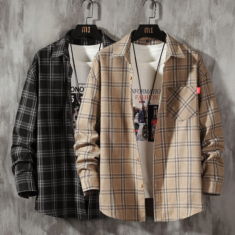 

Checkered Shirts for Male Leisure Mens 100% Cotton Sanded Warm Flannel Casual Plaid Over Shirt Long Sleeve 210316, Khaki